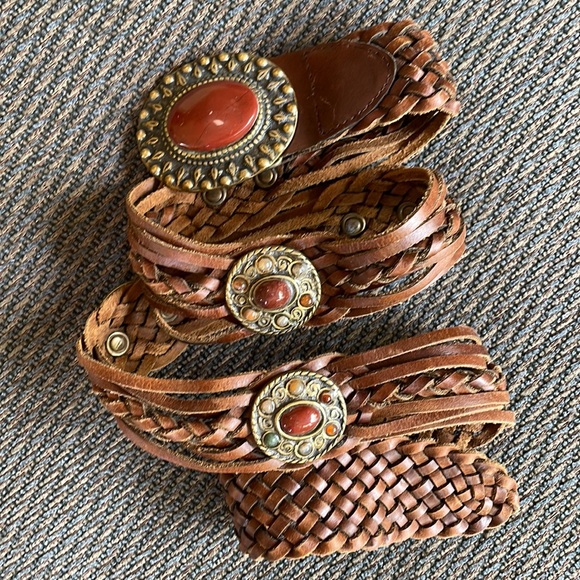 Vintage Accessories - Woven Vintage Leather Belt with Brass Buckle and Stone Accents, size M/L